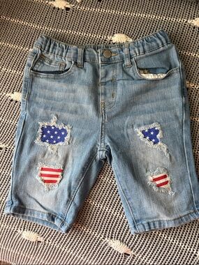 Kids Light Blue Distressed Denim Shorts with American Flag Patch